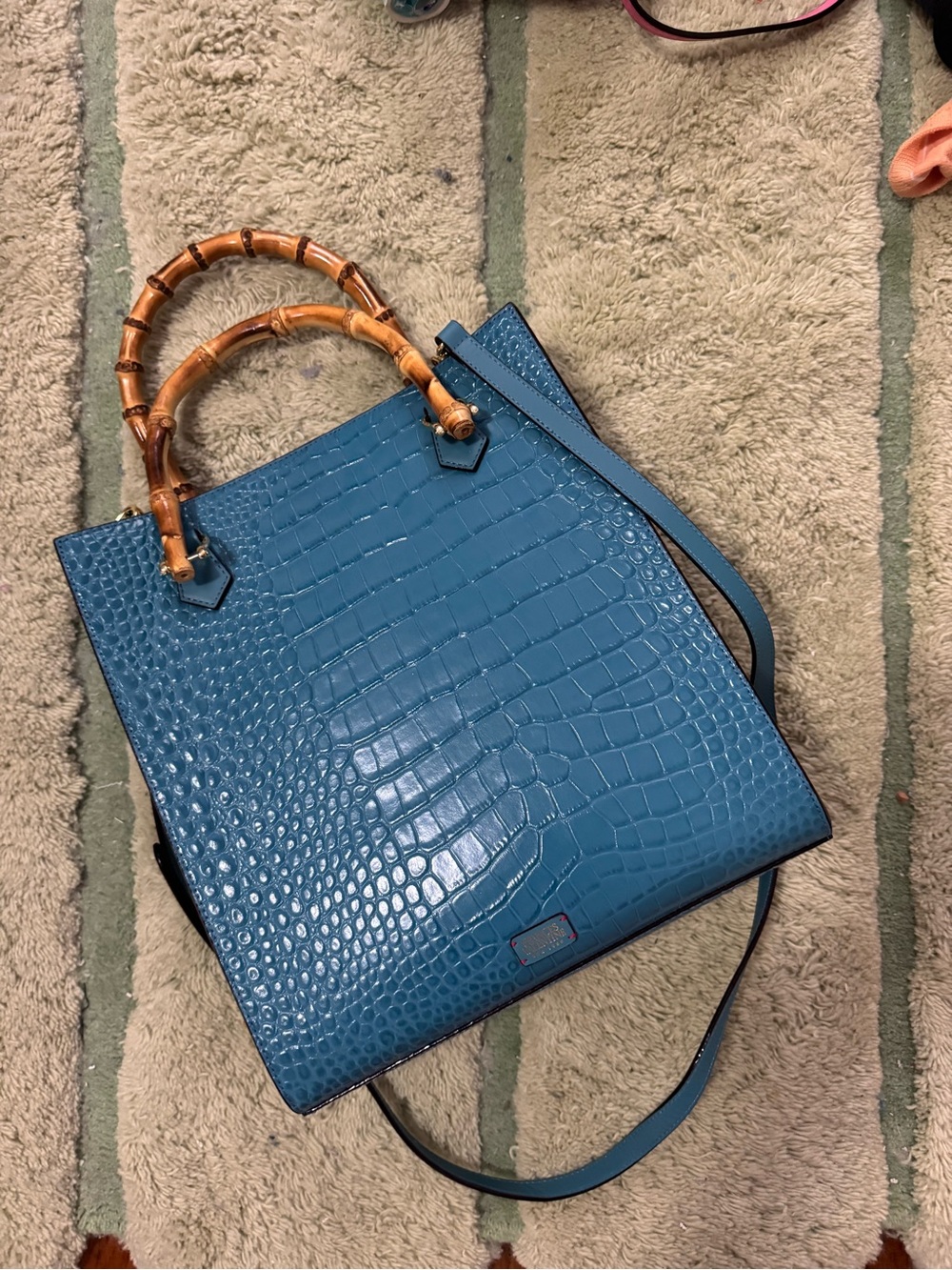 Frances Valentine one-of-a-kind Blue Croc-Embossed Tote with Bamboo Handles OBO